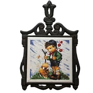 Vintage Decor Seven Star Tile Cast Iron Trivet with Little Boy and Sheep